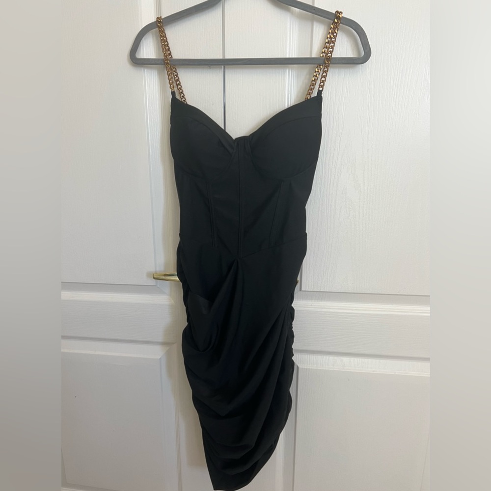 Never worn black corset dress with gold chain straps